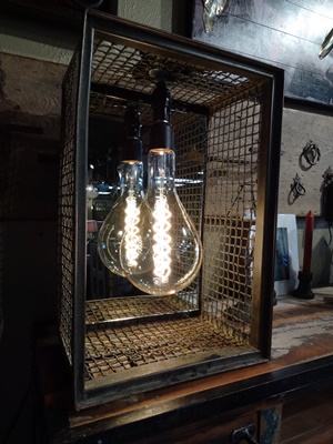 Antique Metal Crate with Mirror and Edison Bulb Sconce Denver Furniture Store