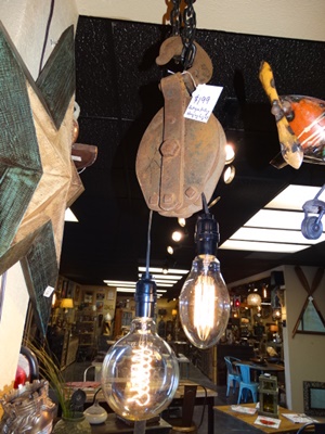 Antique Pulley Hanging Lamp with Edison Bulbs Denver Furniture Store