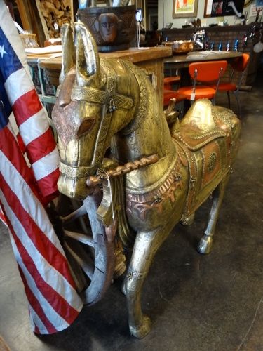 Large Metal Embossed Horse Statue Front Denver Furniture Store
