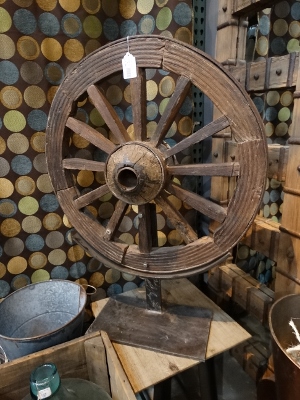 Antique Wooden Cart Wheel on Stand Denver Furniture Store