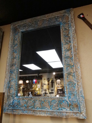 Carved wooden blue rectangle mirror
