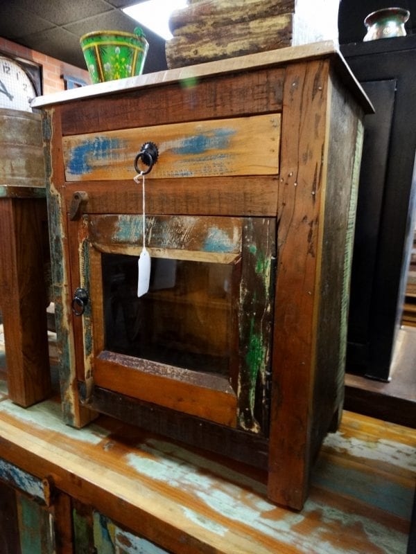 Nightstand End Table Colorful Reclaimed Wood with Glass Door Furniture Stores Denver