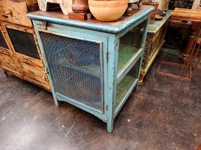 Vintage Blue Cabinet with Metal Grate Door and Glass Sides Denver Furniture Store