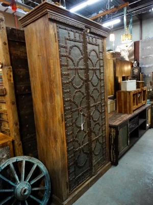 Large Ornate Iron and Wood Cabinet