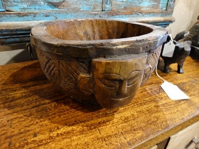 Wood Pot with Carved Face Denver Furniture Store