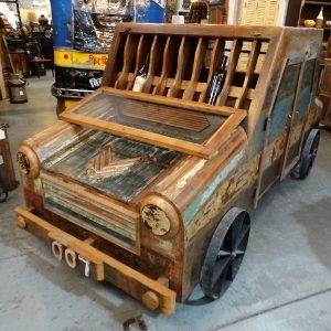 Wooden Car Bar on Metal Wheels Denver Furniture Store