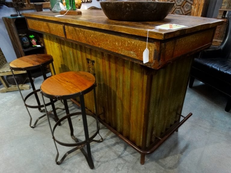 Metal Bar has industrial charm and open shelves.