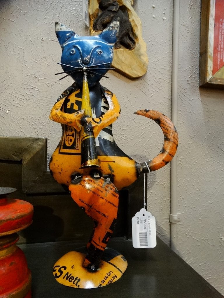 Statue Metal Cat Playing a Horn Furniture Stores Denver