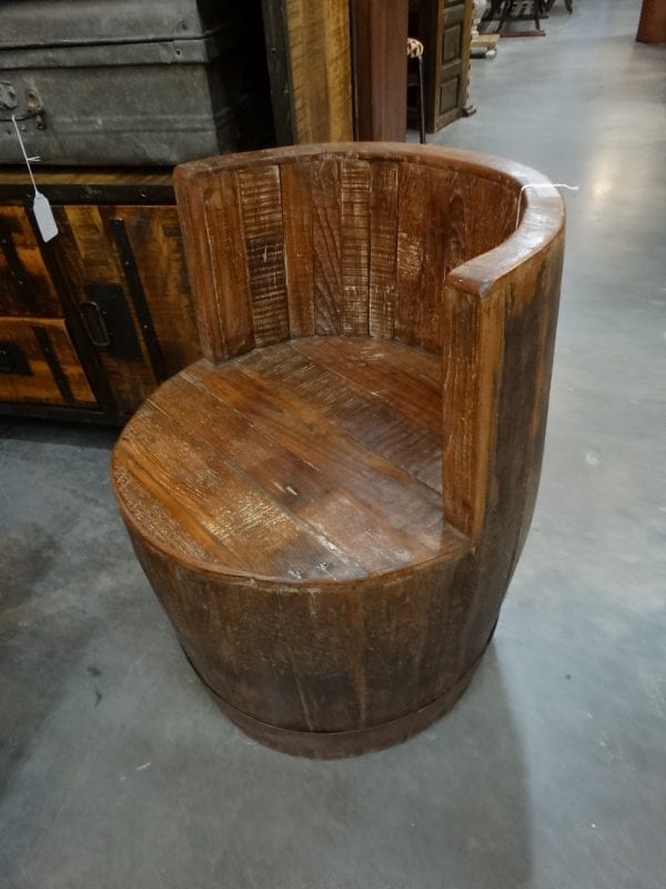 Unique Wood Chair resembles a wine barrel. Great for your patio.