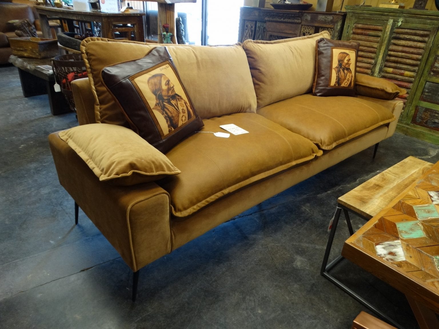 Elegant Golden Leather Sofa Couch has a traditional classic flair.