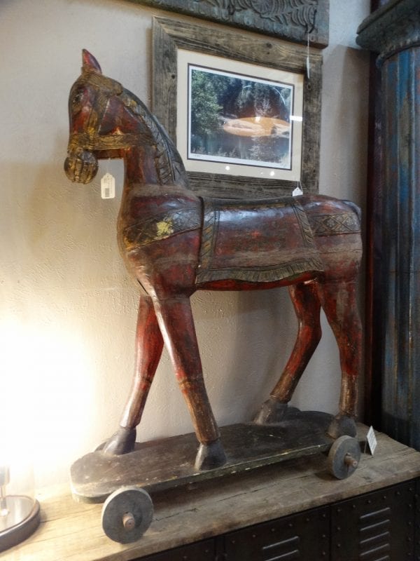 Statue Large Wooden Painted Horse on Wheels