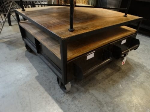 Coffee Table Square Industrial Table with Wheels and Drawers