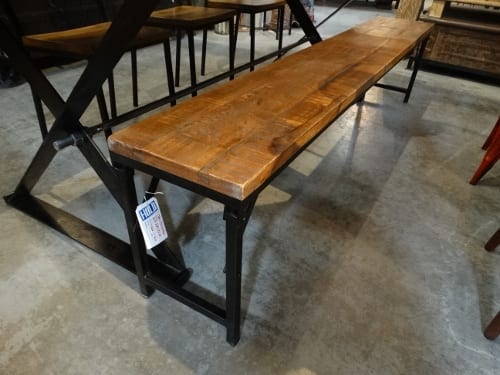 long wood bench with iron frame with wood dining room table