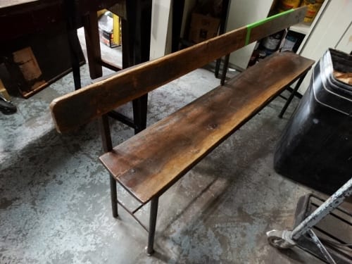 old wood live edge bench with seat and back