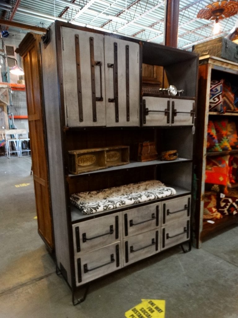 Cabinet Grey Wood Black Metal Shelf Large