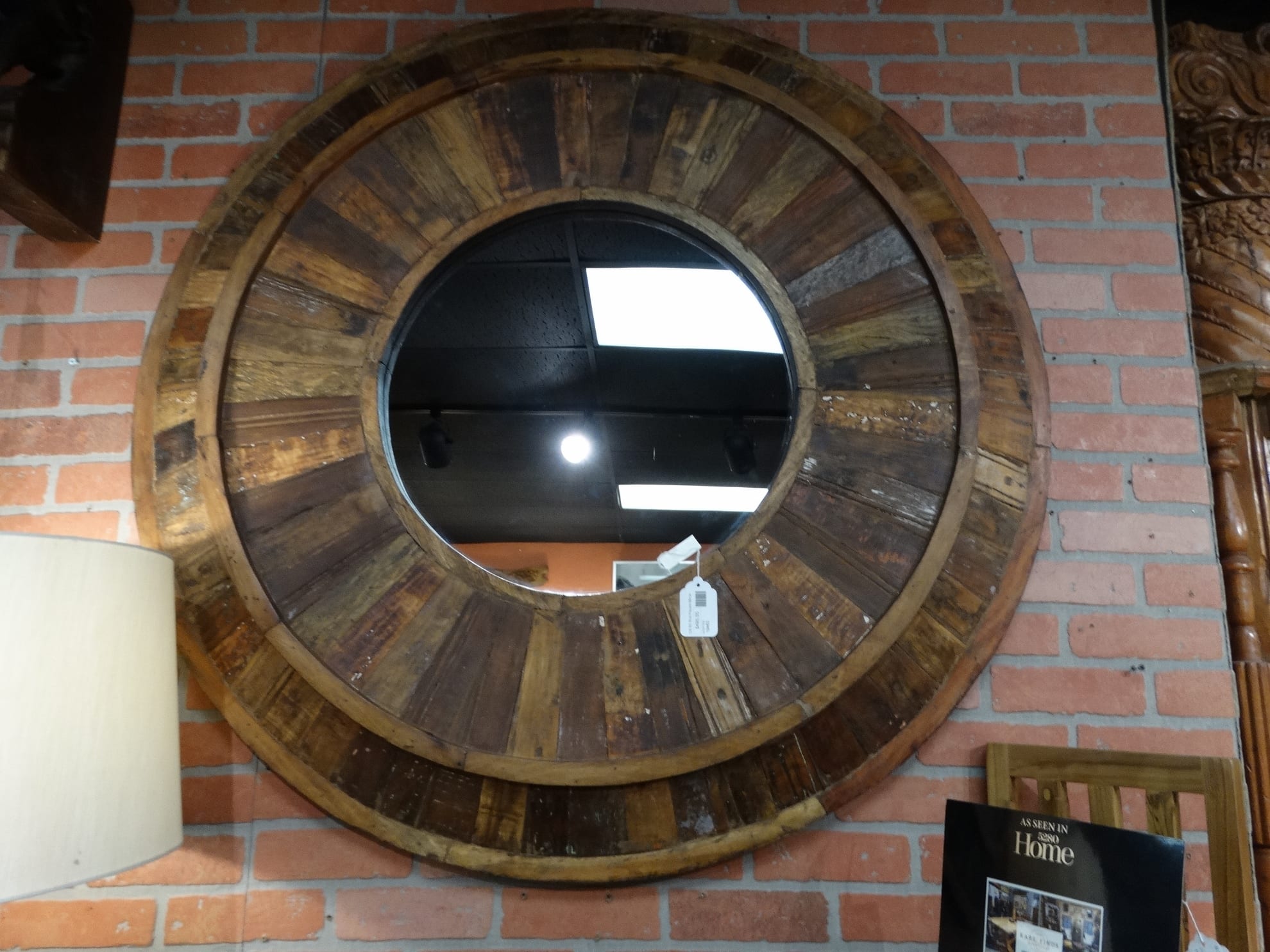 Heavy Wood Frame Mirror Adds Colorful, Large Round Rustic Wood Mirror