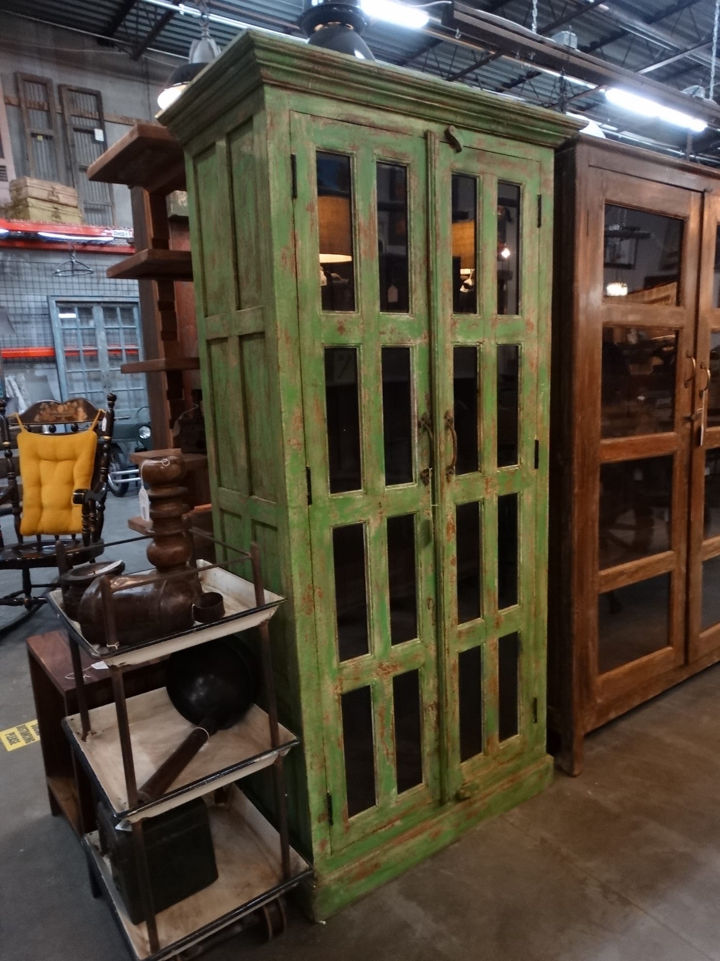 Green Wood Cabinet with 16 Glass Panes