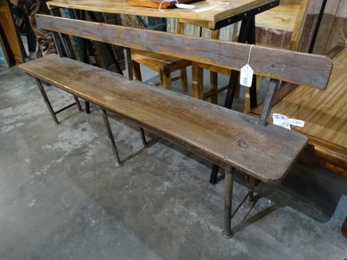 old extra long wood bench with iron frame