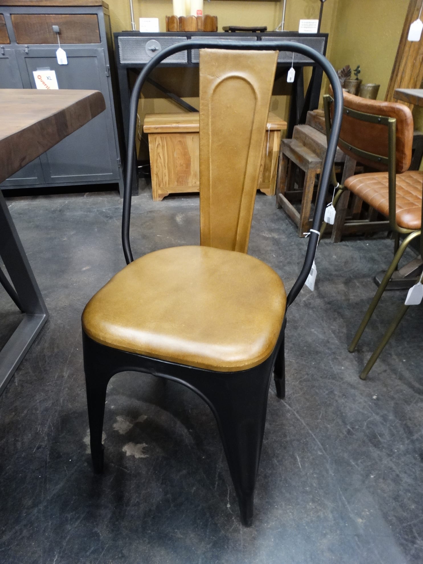 Dark Tolix Chair with Leather Seat and Back