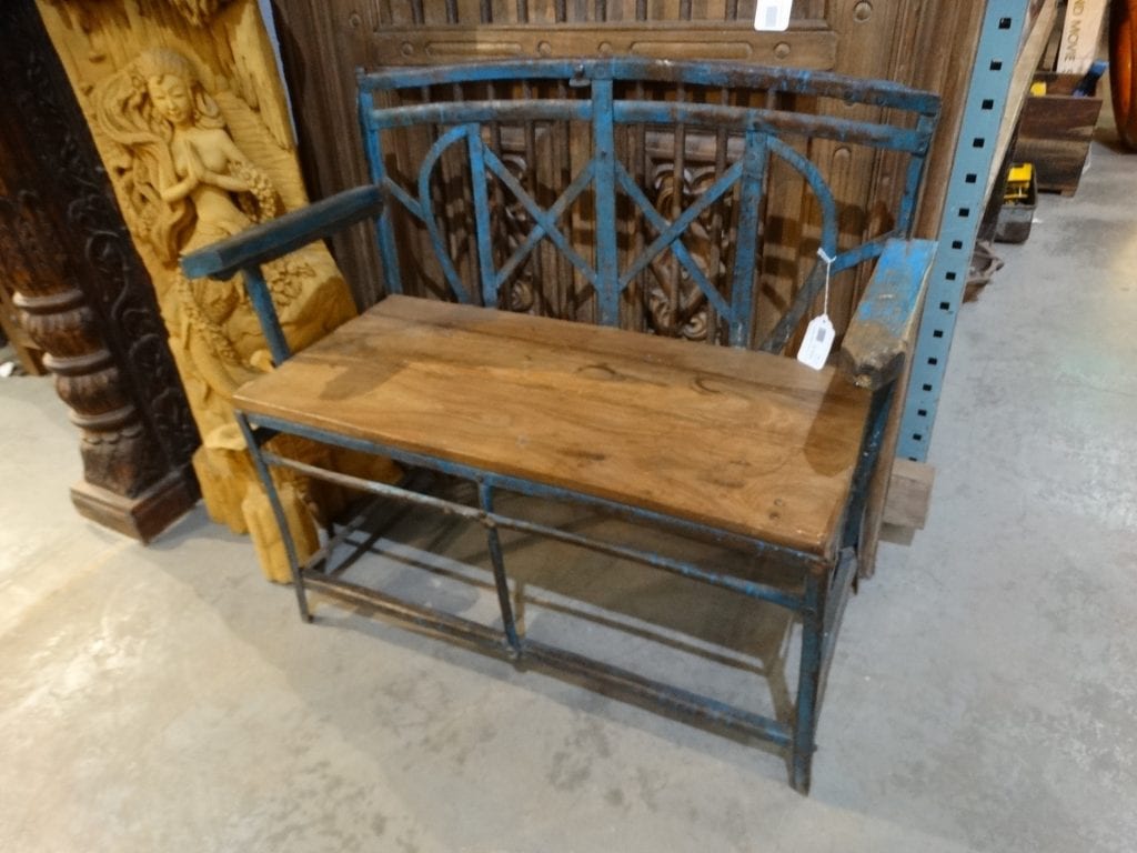 Vintage Blue Bench with Metal Base