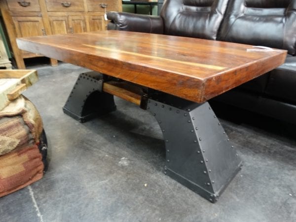 Coffee Table Wood and Hefty Metal Base Table