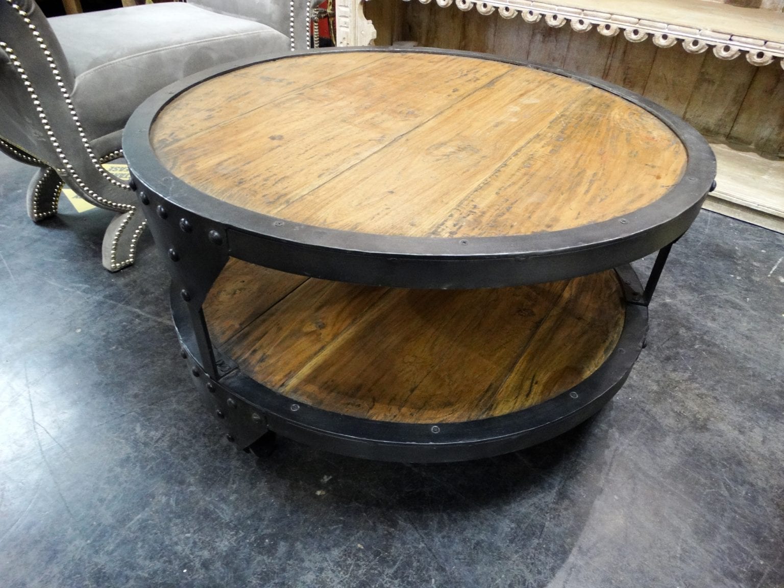 Round Rustic Industrial Coffee Table Rare Finds Warehouse