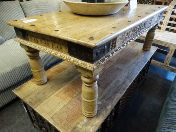 Rustic Golden Wood Coffee Table with Metal Accents