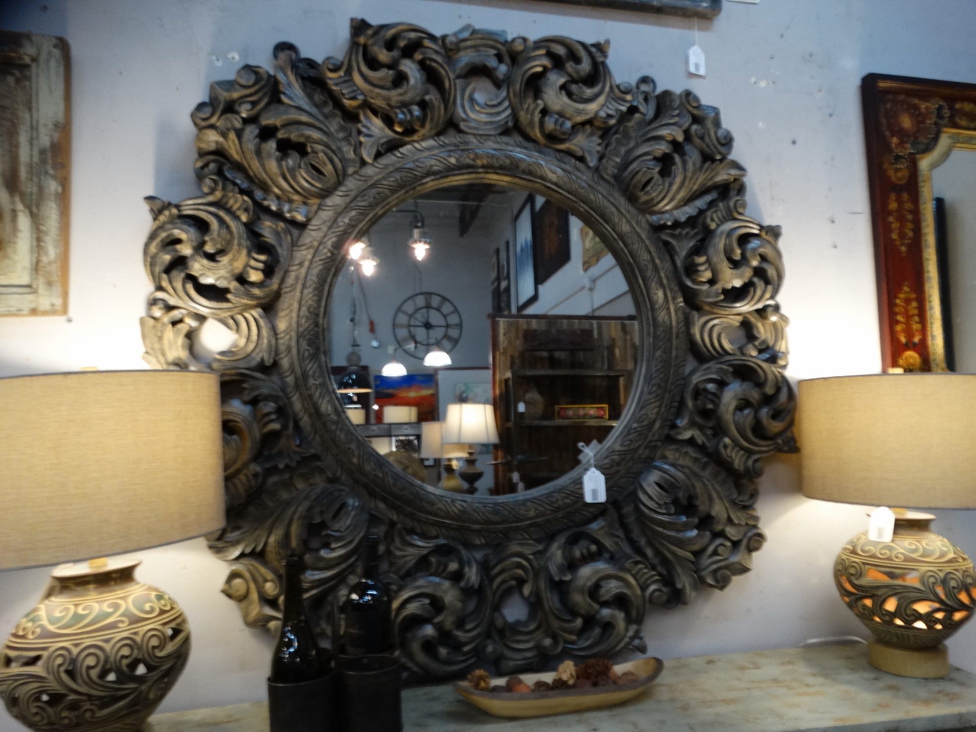 XL Carved Ornate Dark Wooden Mirror