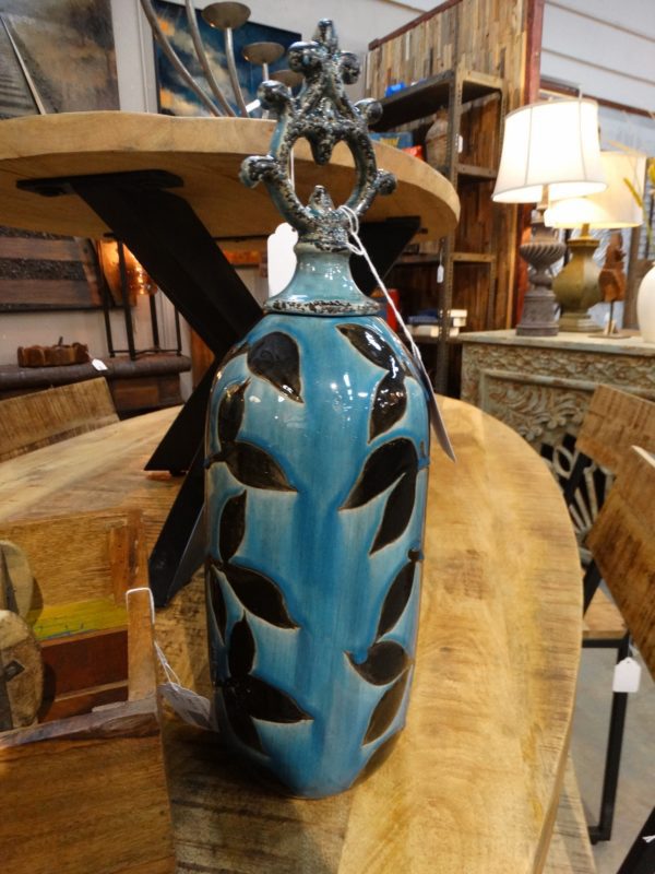 Vase Ceramic Painted Vase with Finial Lid Blue Large