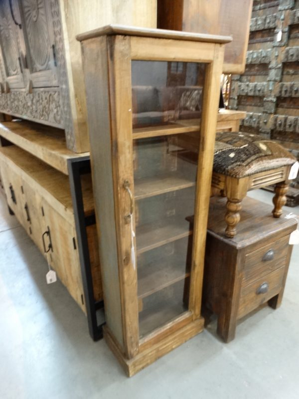 narrow wooden cabinet with glass door