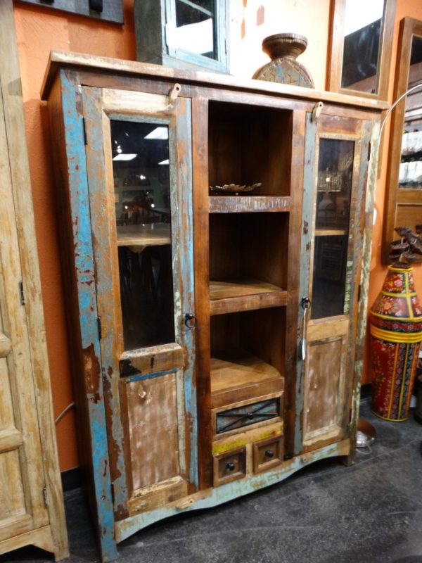 large cabinet with glass doors and open shelves