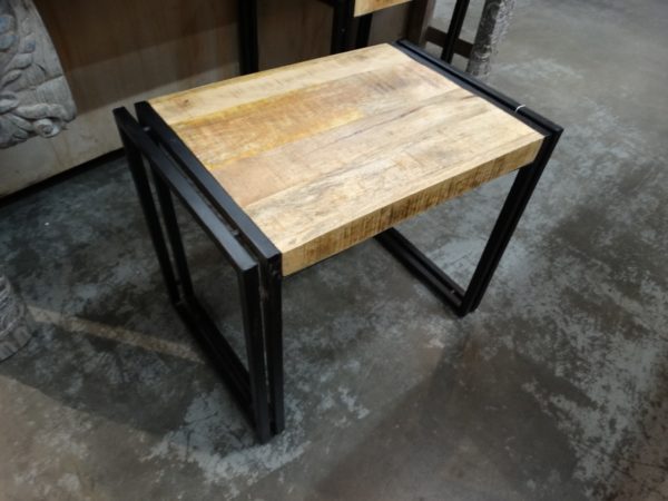 blond wood end table with black metal frame