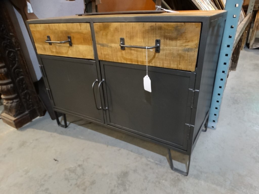 gray metal cabinet with wood drawers