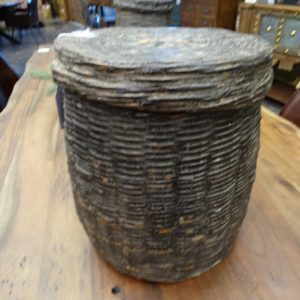 vintage tarred woven basket with lid