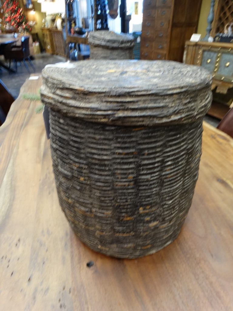 vintage tarred woven basket with lid