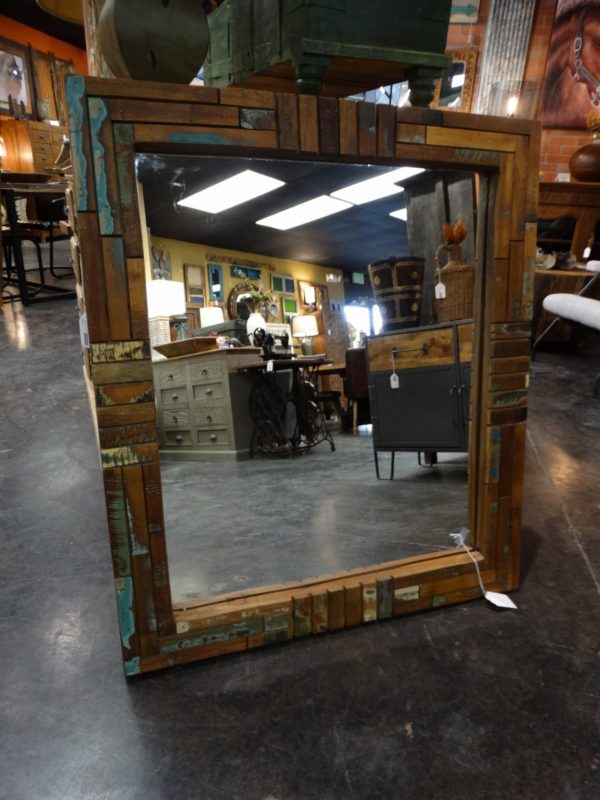 colorful mirror with pieces of reclaimed wood