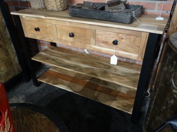 three drawer console with blonde wood