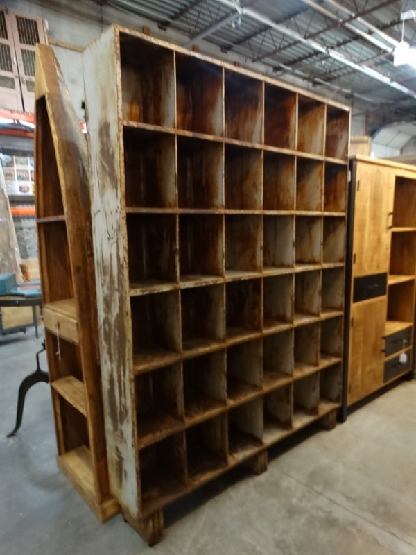 vintage rusty metal cubby shelf