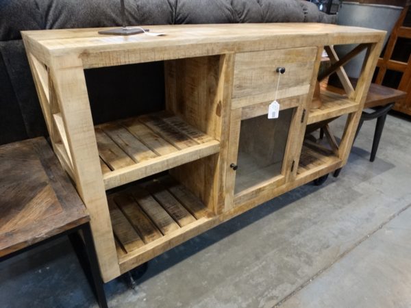 shelf tv console unit with shelves and glass door