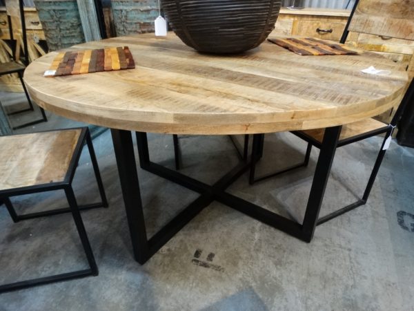 wood top round table with metal base