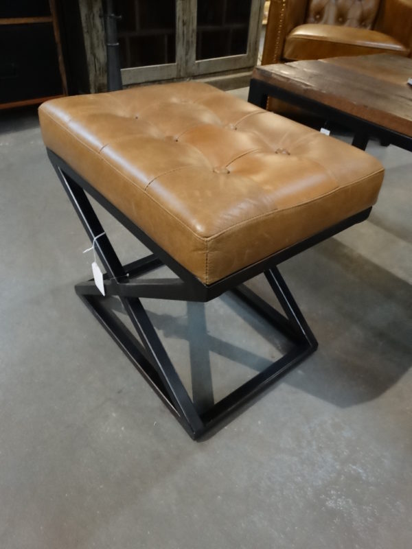 camel Leather Ottoman stool with metal base button
