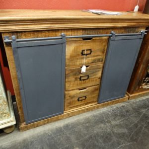 cabinet wood cabinet with gray metal sliding doors