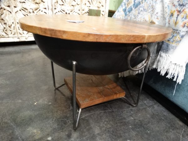 end table round iron bin with wood top side table