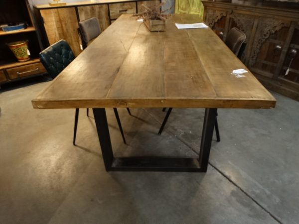 table dining table with planks and metal base