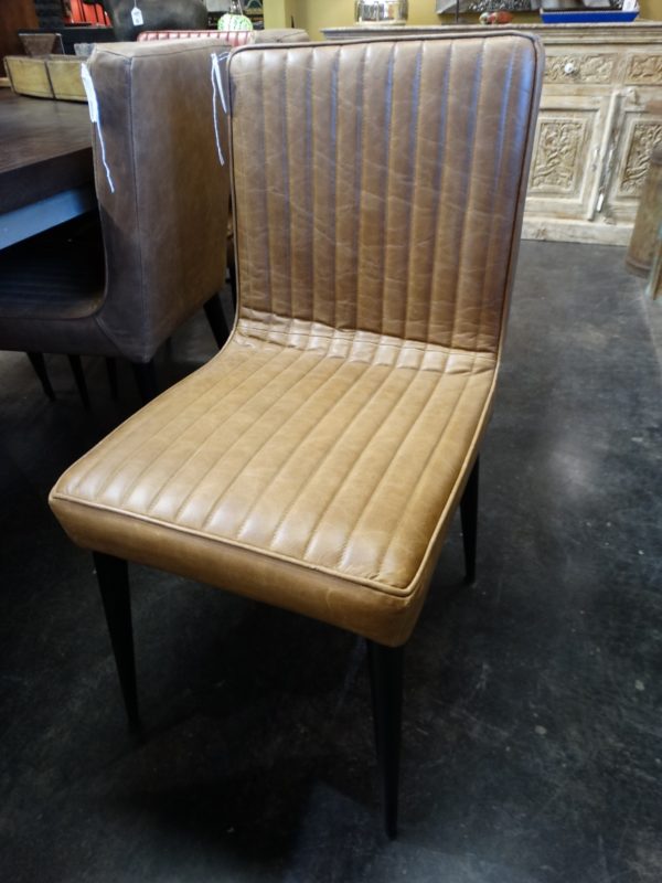 Chair Leather Ribbed Chair with Metal Frame Tan
