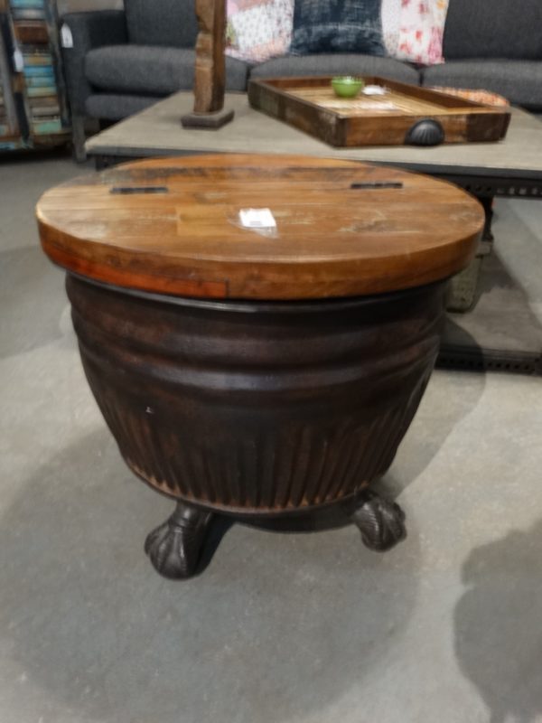 End Table Barrel End Table with Hinged Wood Top
