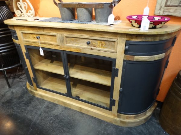 Sideboard Blond Wood and Rounded Gray Metal Sideboard Cabinet
