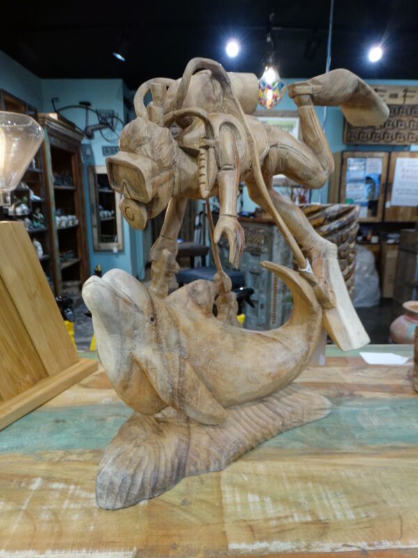 Statue Diving with Dolphin Carved Wood Figurine