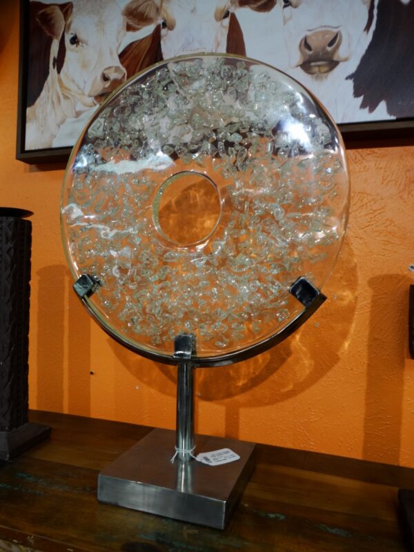 Decor Crackled Glass Bits in Epoxy Disk on Metal Stand Clear