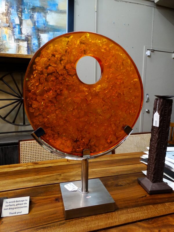 Decor Crackled Glass Bits in Epoxy Disk on Metal Stand Orange